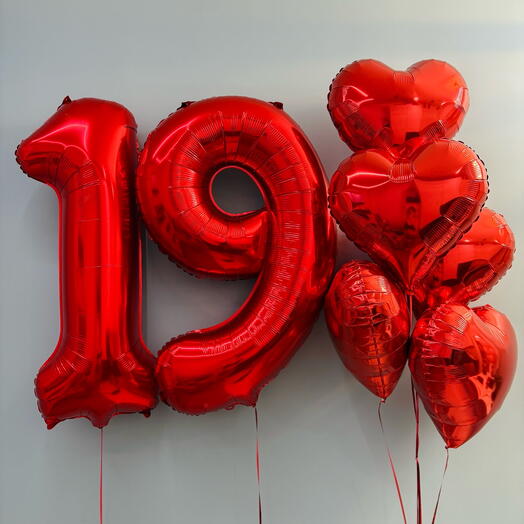 Набор воздушных шаров на день рождения - 5 сердец и 2 любые цифры 102 см, гелиевые шары