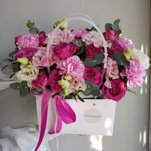 Bushy peony roses, dianthus and eustoma, composition "Raspberry sorbet" 🍧