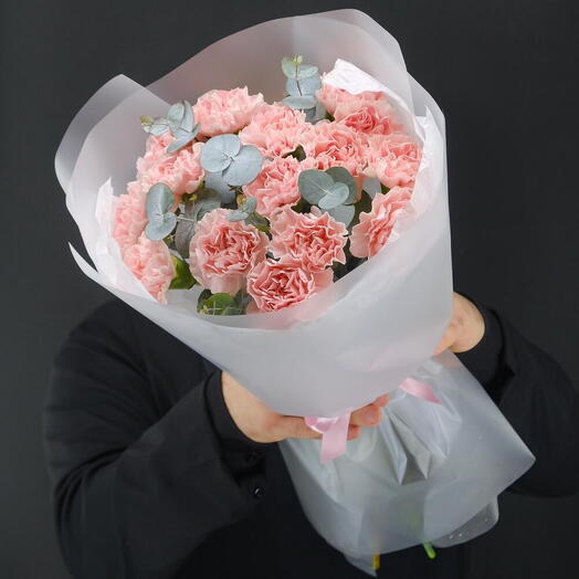 Delicate bouquet of 15 pink dianthuses with eucalyptus