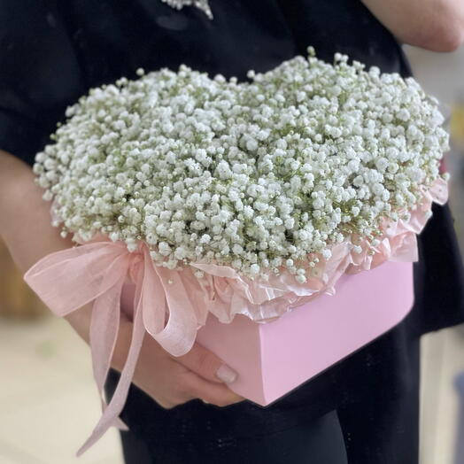 Белая Гипсофила в Сердце с Розовой Лентой 🤍