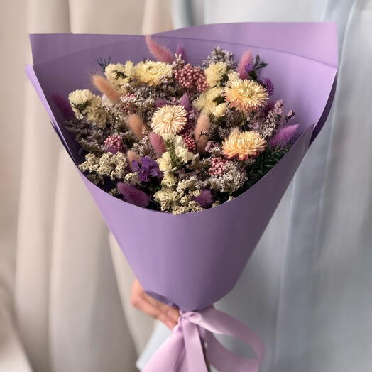 Букет из сухоцветов и стабилизированных цветов на день рождения, сиреневый, фиолетовый, розовый