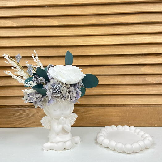 Композиция "зимний ангел" со стабилизированной розой, гортензией + в подарок Подставка для украшений