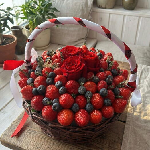 Ягодная корзина с клубникой, голубикой и розами