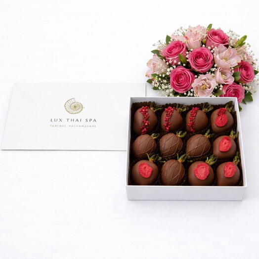 Клубничный Шоколадный Бокс «Romantic Berry» + сертификат Lix Thai Spa — клубника в шоколаде, подарочный набор, сертификат