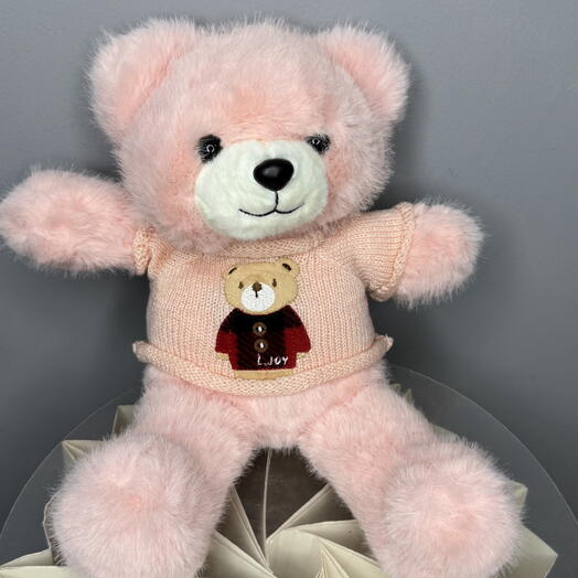 Медведь розовый в свитере 20 см