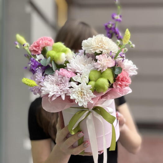 Цветы в коробке 🌸 «сочный коктейль»🍹с хризантемой, хлопком, диантусами, маттиолой и эвкалиптом 😍🦋