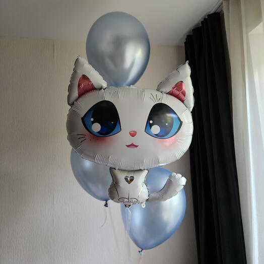 Шары и шарики голубые и кошка,кошечка,котик котенок белый-4шара