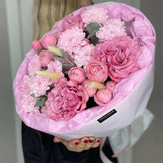 🩷Малиновый букет 🩷Bloom room, пион, пионовидная кустовая роза, хризантема, лагурус сухоцвет