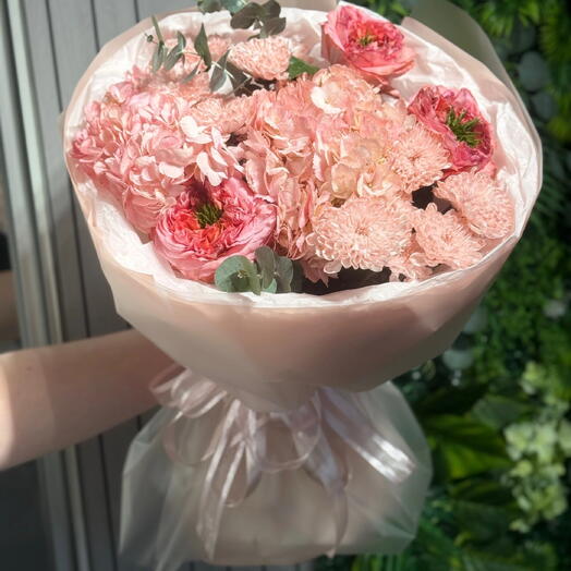 Букет с гортензией и розой Мандарин🌸🩷