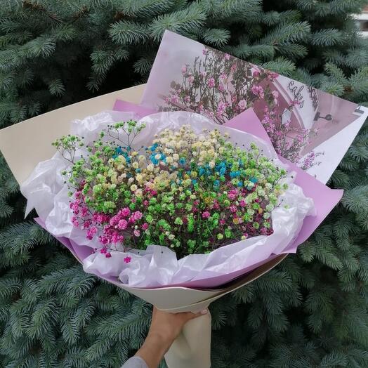 Rainbow gypsophila in a bouquet