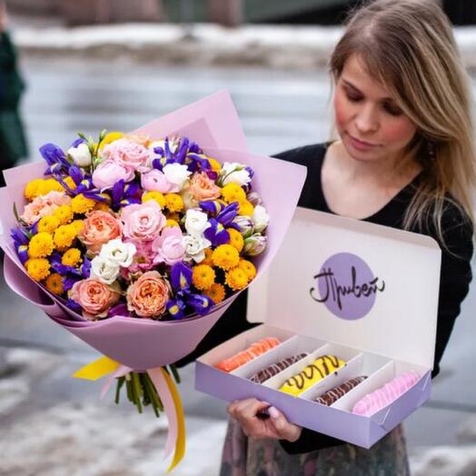 A bright bouquet and a set of eclairs