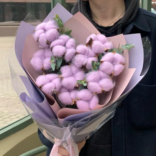 Bouquet of cotton with eucalyptus