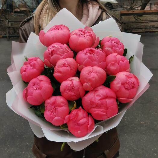 15 коралловых пионов Корал шарм. Букет 218 Kimbirly Flowers