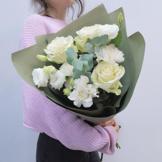 Mint freshness bouquet with rose, lisianthus, carnation and eucalyptus