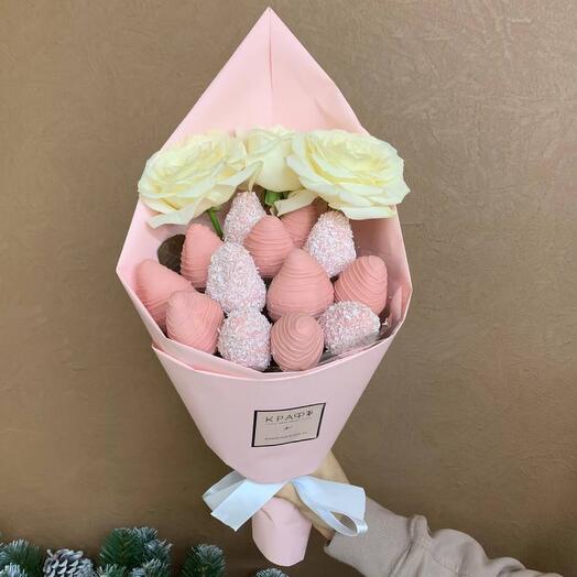Букет из клубники в шоколаде с розами xs
