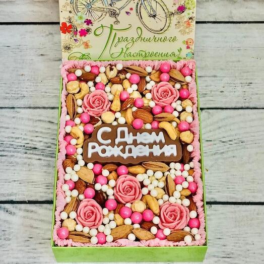 Happy birthday, boxing made of nuts and chocolate