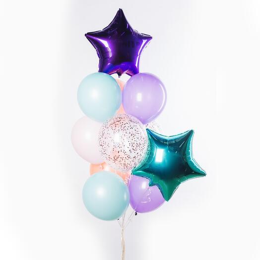 Фонтан красивых гелиевых шариков "Бирюза и пурпур" из 11 шт