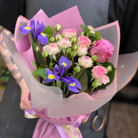 Bouquet of irises and peony-shaped roses