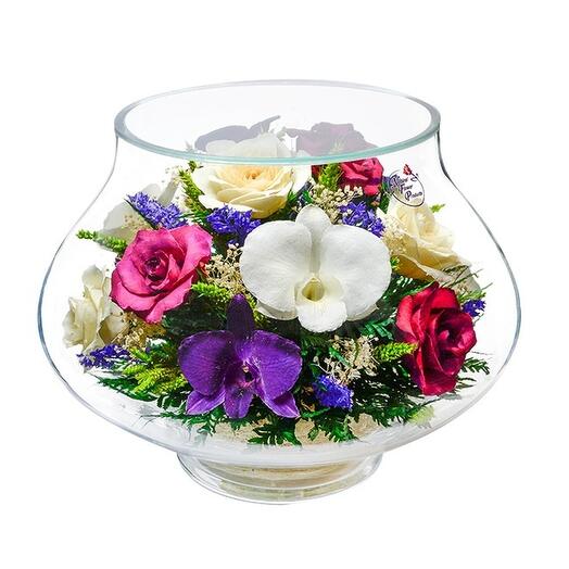 Flowers in glass in vacuum "Vanessa red-lilac-white", roses and orchids