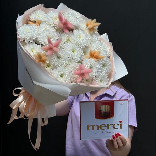 Комбо из 7 хризантем с лагурусом и Мерси