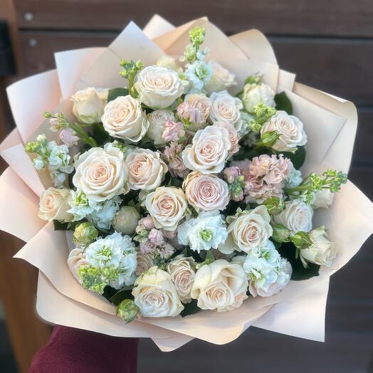 The author's bouquet of delicate bush roses and fragrant matiola