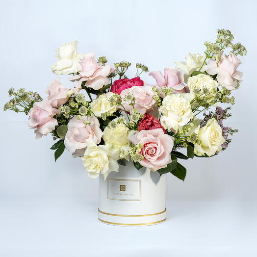 Chic Pastel Rose Arrangement in White Hat Box