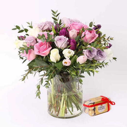 Modest 50 Roses and Tulips Vase with Ferrero Rocher