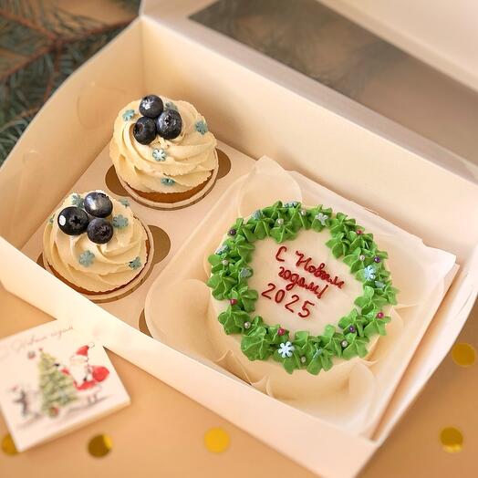 Новогодний сладкий подарок 2026 бенто-торт и капкейки, набор, gifts