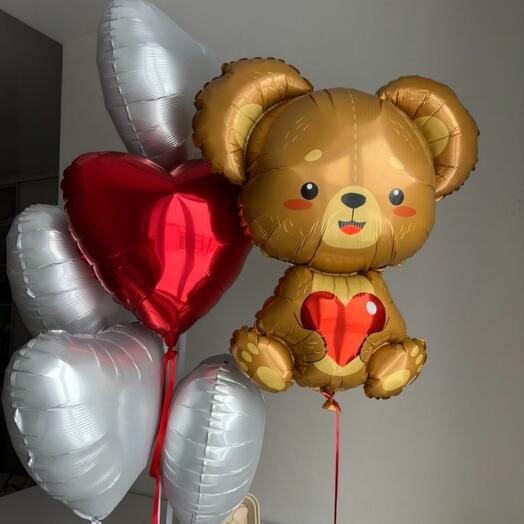 Набор шаров Белые сердечки с медведем