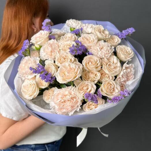 Lavender bouquet with bushy peony rose and dianthus