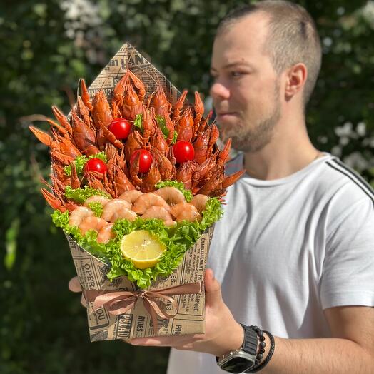 Конверт раки и креветки, мужской букет, съедобный букет, вкусный букет N18/10