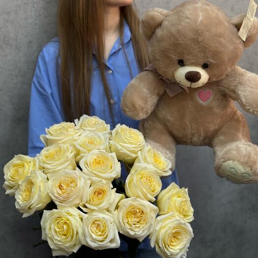 Подарочный набор : монобукет из розы Candlelight и плюшевый медведь