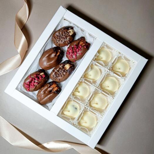 Набор сладостей финики и шоколадные пельмени подарок папе, маме, бабушке, дедушке