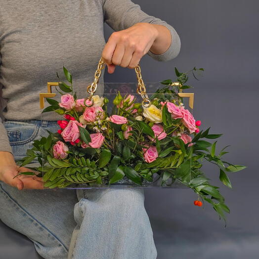 Bouquet "Ruscus" flowers in a bag, pink roses