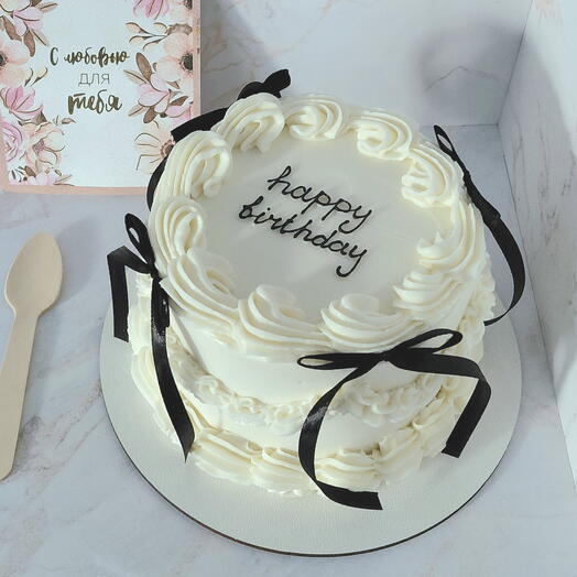 Бенто торт с рюшами happy birthday белый с чёрным лентами