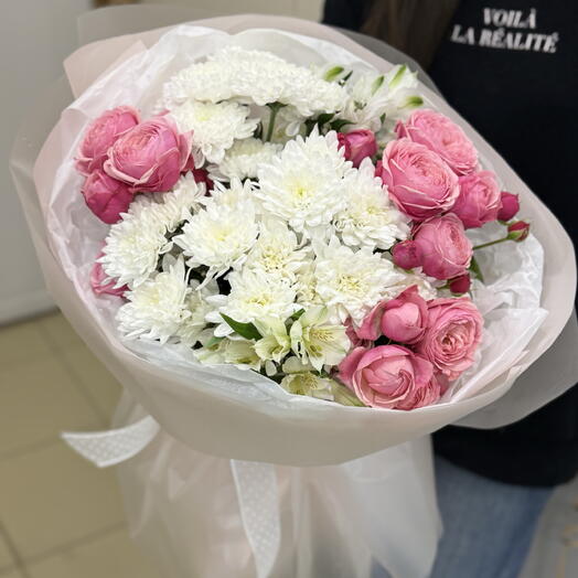 букет нежняшка из пионовидных роз и хризантем, альстромерий 🌸🍓нежный букет