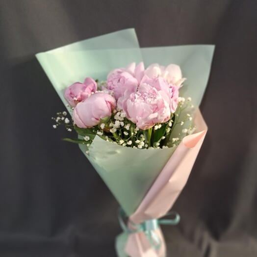 Розовые пионы 7 💖шт. с гипсофилой