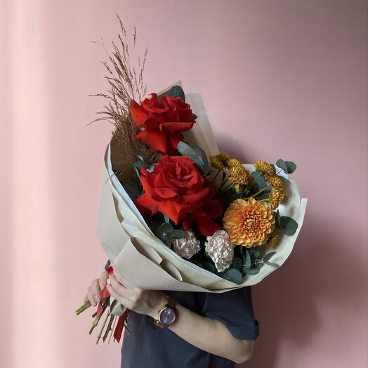 Авторский букет с французской розой Ниной и георгином🌹