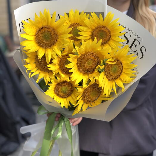 🌻🌻🌻 Букет шикарных подсолнухов 9шт в дизайнерской упаковке