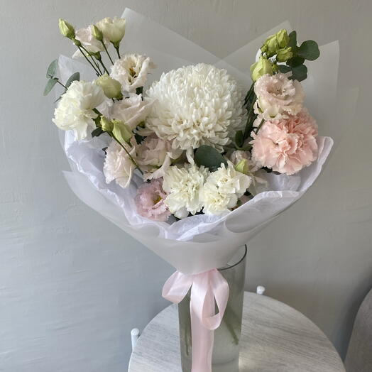Букет «Воздушный поцелуй»🌸 с эустомой, диантусами и одноголовой хризантемой