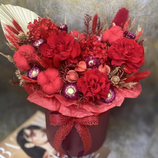 Сухоцветы в коробке Алая Роза 🌹
