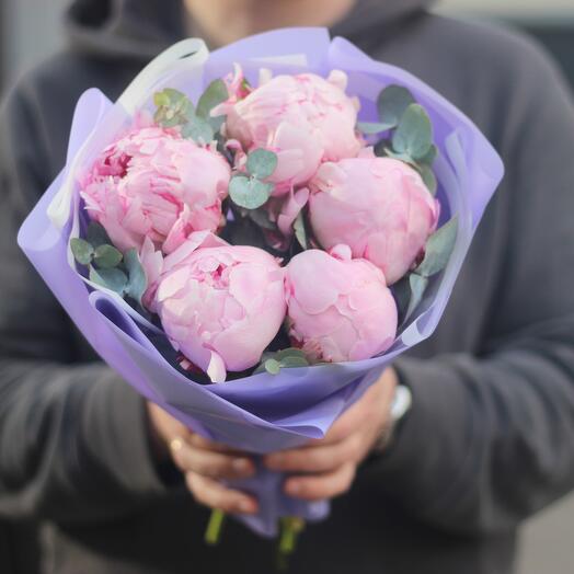 Пионы букет, 5 штук, Сара Бернар, эвкалипт, арт 241 Kimbirly Flowers
