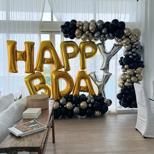 Baloons garland text Happy birthday gold, silver, black colours 24 feet
