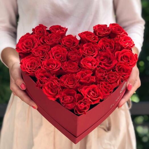 31 red roses in a heart-shaped box