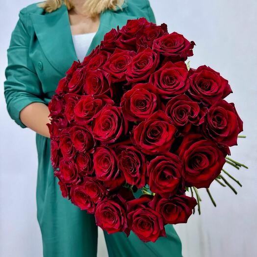 Роскошные красные розы под ленту ♥️ (х39 / 60 см)