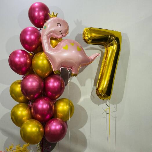 Helium balloons, pink dinosaur theme, for 7th birthday, 22 pcs.