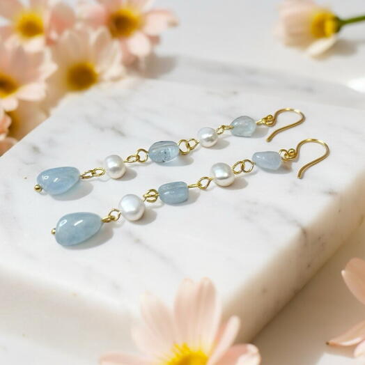 Aquamarine and pearl gold earrings