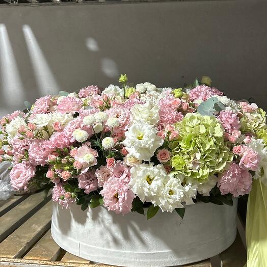 White,Pink and green Flowers in box