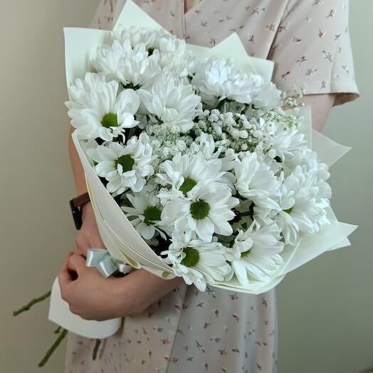 Bouquet of white bush chrysanthemums and white gypsophila
