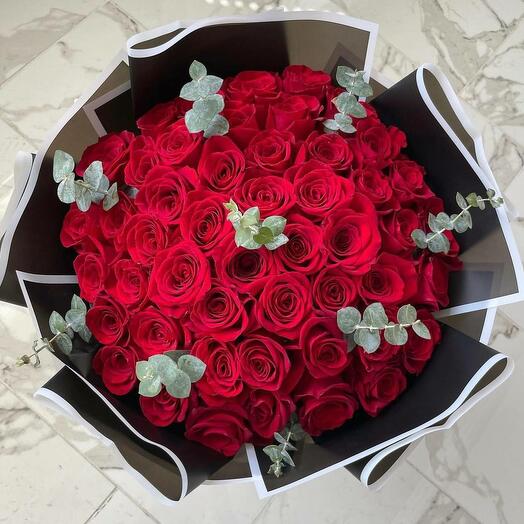 Bouquet of 51 red roses and eucalyptus